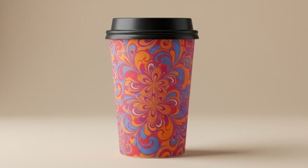 Colorful paper cup with black lid on beige background.