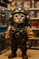 Fototapeta premium Adventurous cat in military gear at a toy store showcases unique character and playful charm in its detailed outfit