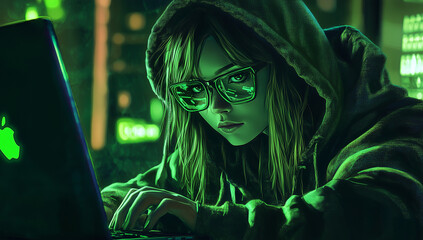 Woman with Hacker Attack, Girl hacker, Teenage girls hackers, Hacker attack, Green background.