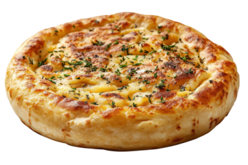 Golden brown flatbread herb topped savory potato filling delicious aroma rustic style perfectly