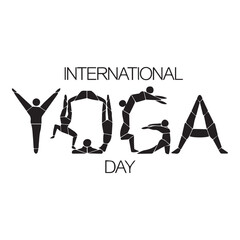 A greeting card design for International Yoga Day. The word "Yoga" is made up of simplified figures of people in various yoga poses.