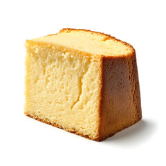 A thick slice of classic pound cake with a golden brown crust dense buttery interior and smooth surface, isolated white background, hyperrealism art style