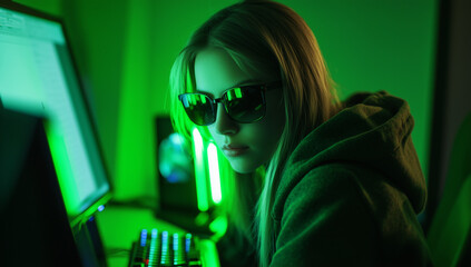 Woman with Hacker Attack, Girl hacker, Teenage girls hackers, Hacker attack, Green background.