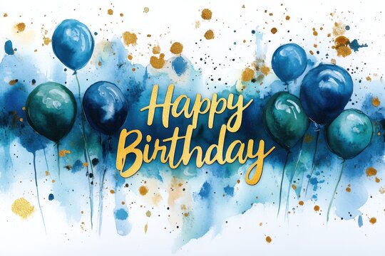 Watercolor Happy Birthday Card with Blue Balloons and Gold Splatter on White Background