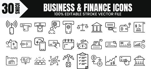 30 Business & Finance Outlined Vector Icon Megapack Set Transparent Background PNG Editable Stroke EPS