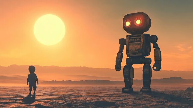 A child and a giant rusty robot stand on a desolate planet at sunset.