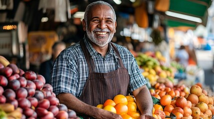 A friendly man with fruits at the outdoor market