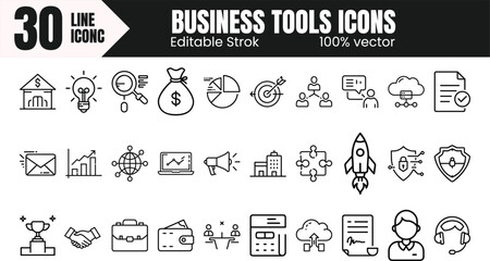 Minimalist Business Line Icon Pack , 30 Clean Vector Icons  on Transparent Background