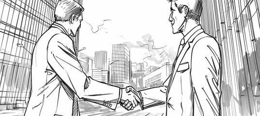 Business Team Shaking Hands After Successful Deal Against Urban Skyline