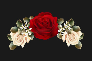 The floral composition with bouquet of roses. Beautiful texture with red and white roses, leaves, white flowers.