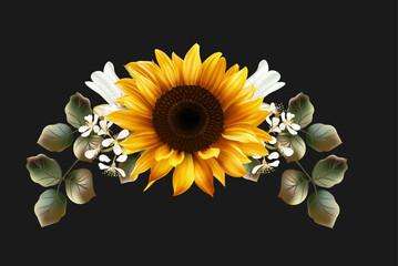 The beautiful floral composition with sunflower and white flowers isolated on the black background.