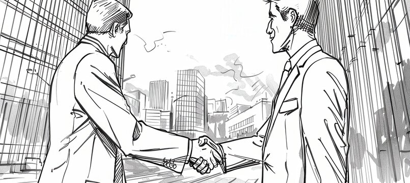 Business Team Shaking Hands After Successful Deal Against Urban Skyline