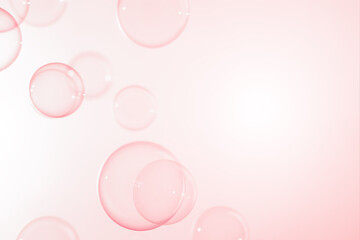 Beautiful Pink Soap Bubbles Floating in The Air. Celebration Festive Backdrop. Freshness Soap Suds Bubbles Water. Pink and White Gradient Textured .Abstract Background.	
