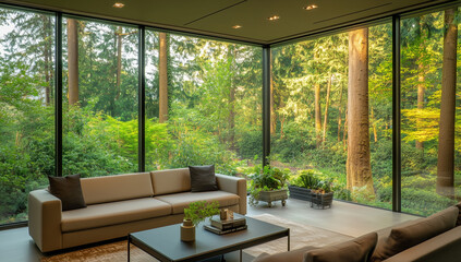 Fototapeta premium Modern living room with modern furniture large windows overlooking lush green rainforest, Interior design, Luxury living room, Architecture, Comfortable room, Forest background.