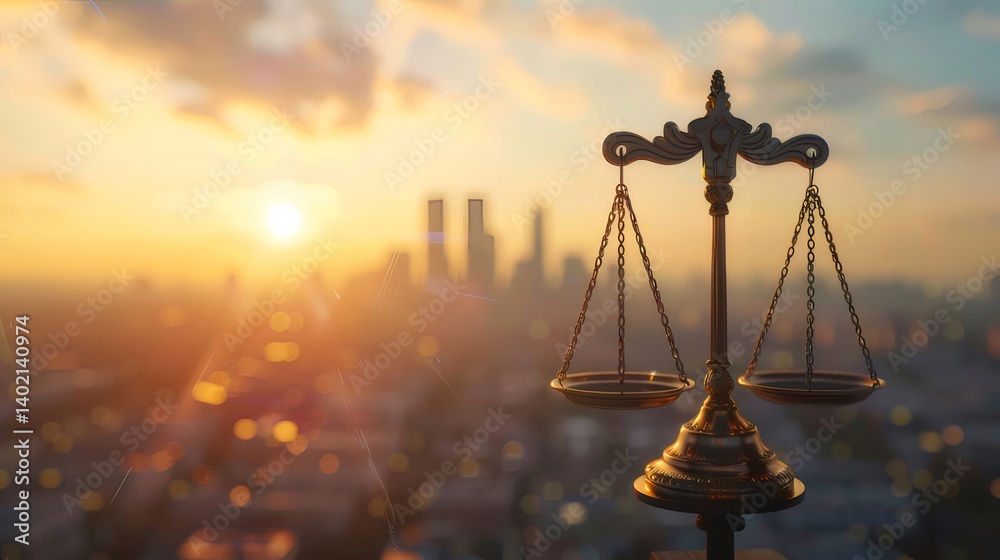 Aufkleber 黄金の天秤と夕日の都市景観 正義と法律の象徴 輝く空と建設のシルエット