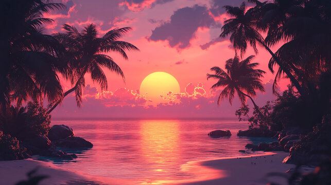 Beautiful beach sunset wallpaper with palm trees and pink sky for desktop and mobile backgrounds free download