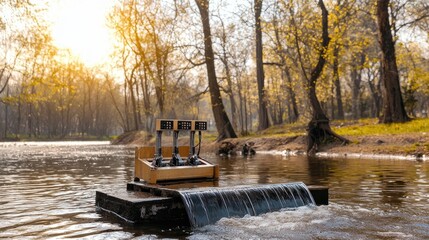 Fototapeta premium Water Flow Device on Floating Platform in Peaceful Nature Scene