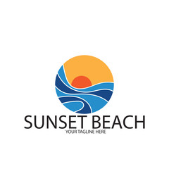 sunset beach ocean logo and vector template