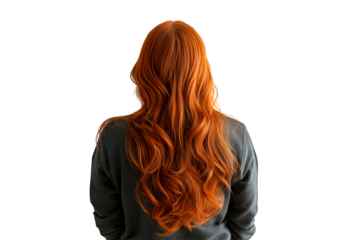 Woman with long, flowing red hair back view isolated on transparent background