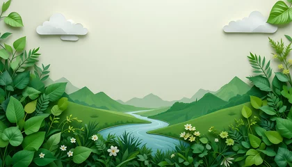 Selbstklebende Fototapeten A serene landscape with a winding river green hills foliage and fluffy clouds in a paper cut style © SmartDesignStock