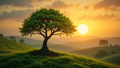 Obraz premium A tree with green leaves standing on a grassy hill during a golden sunset landscape scenery view