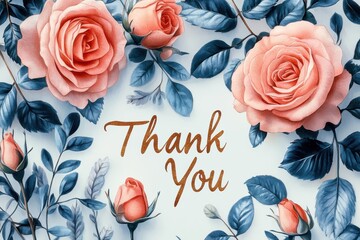 Elegant Thank You Card with Watercolor Roses and Blue Foliage on White Background