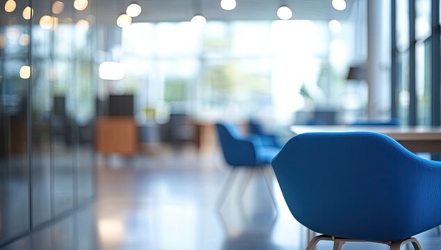 Modern office lounge area with blue chairs - Powered by Adobe