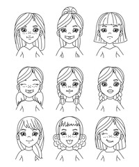 vector cartoon portraits of girls. Coloring book page. Clipart isolated on transparent background. 