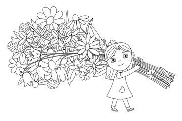 vector cartoon girl and big bouquet. Coloring book page. Clipart isolated on transparent background. 