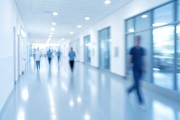 Blurred view of a hospital corridor with medical staff walking