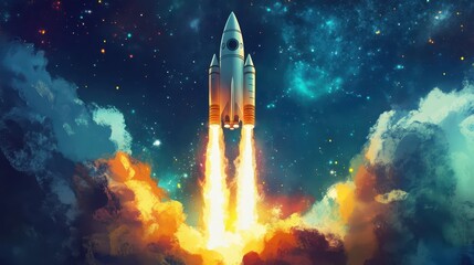 A powerful rocket launches into the vibrant night sky.