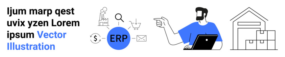 Man with laptop interacting with ERP system, icons include shopping cart, search, email, warehouse. Ideal for business operations, inventory, e-commerce automation SaaS logistics. Flat landing