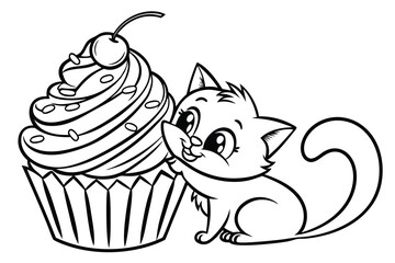 Cute cartoon vector illustration of a happy kitten with sweet birthday cake