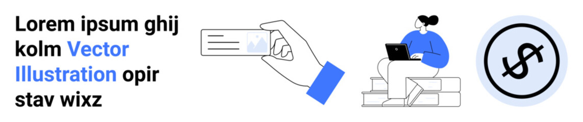 Hand holding credit card, woman sitting with laptop on steps, and dollar symbol in circle. Ideal for finance, payment, online work, e-commerce, savings, technology simple landing page