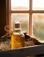Golden oil bottle in rustic wooden crate by window still life product shot photo generative ai