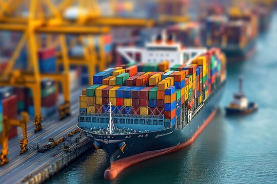 An oversized container ship is docked at a bustling port, surrounded by colorful containers stacked high