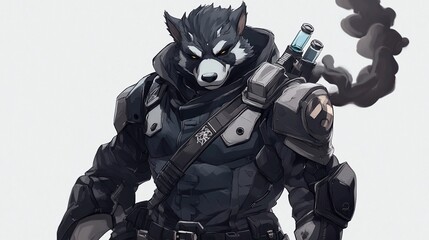 Anthropomorphic wolf soldier in futuristic armor.