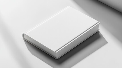 A white book is resting diagonally on a smooth surface, showcasing its minimalistic design in a tranquil and bright environment