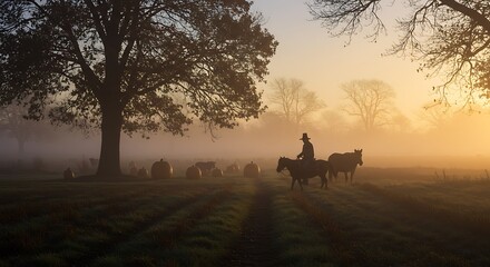 Misty Sunrise Cattle Drive: Silhouette of Herder and Livestock in Golden Light.