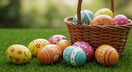 Wicker basket filled with colorful easter eggs sitting on green grass outdoors.