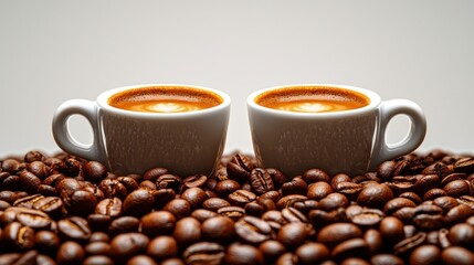 Two espresso cups, latte art, coffee beans