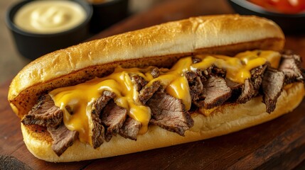A steak sandwich with sauce, presented on a wooden board.
