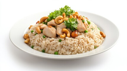 Chicken and cashew with rice, presented on a plate.