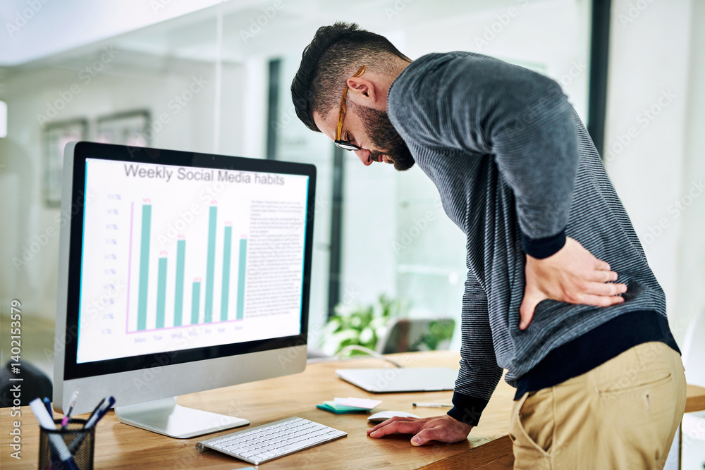 Poster Back pain, business man and social media habit chart with strain, stress and anxiety by computer in office. Tech, screen and graph with online, digital and project with work problem at company