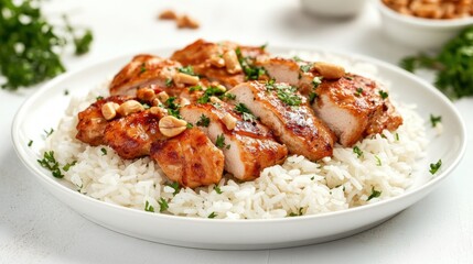 Chicken and cashew with rice, presented on a plate.