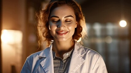 Scientific Reflection: An optimistic young scientist in a white lab coat closes her eyes in reflective contemplation.