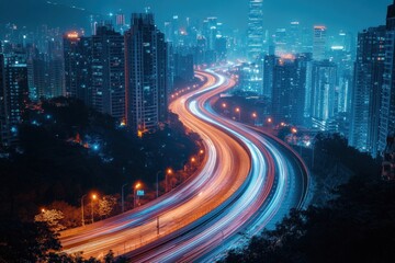 Fototapeta premium Night view of a sustainable city highlights illuminated buildings, busy traffic, and glowing street lights, creating a vibrant scene