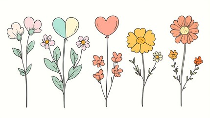 Whimsical Heart-Shaped Petal Flowers Illustration, Illustration of whimsical flowers with heart-shaped petals in pastel colors
