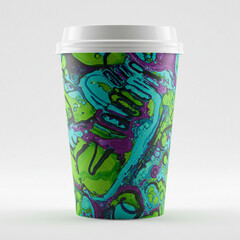Obraz premium A vibrant coffee cup showcasing swirling teal, lime, and purple abstract art; a playful, energetic design with a white lid.