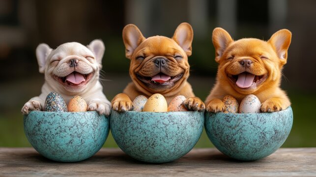 Three joyful french bulldog puppies nestled in egg-shaped bowls for easter.